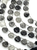 10 Pcs Black Rutile Carved Gemstone Beads, Black Rutilated Quartz Flower Carving Beads Heart Shape for Jewelry Making, 12x12mm