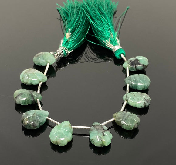 10 Pcs Emerald Carved Gemstone Beads, Natural Emerald Flower Carving Pear Shape Beads for Jewelry Making, 14x10mm