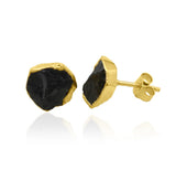 Raw Black Tourmaline Stud Earrings, Rough Gemstone Electroplated Stud Earrings, Healing Crystal Rough Gemstone Studs