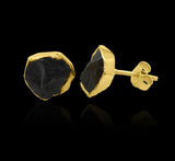 Raw Black Tourmaline Stud Earrings, Rough Gemstone Electroplated Stud Earrings, Healing Crystal Rough Gemstone Studs