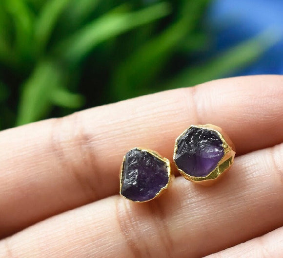 Raw Amethyst Stud Earrings, February Birthstone Healing Raw Crystal Studs, Rough Gemstone Electroplated Stud Earrings