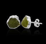 Raw Peridot Stud Earrings, August Birthstone Healing Crystal Rough Gemstone Studs, Rough Gemstone Electroplated Stud Earrings