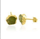 Raw Peridot Stud Earrings, August Birthstone Healing Crystal Rough Gemstone Studs, Rough Gemstone Electroplated Stud Earrings