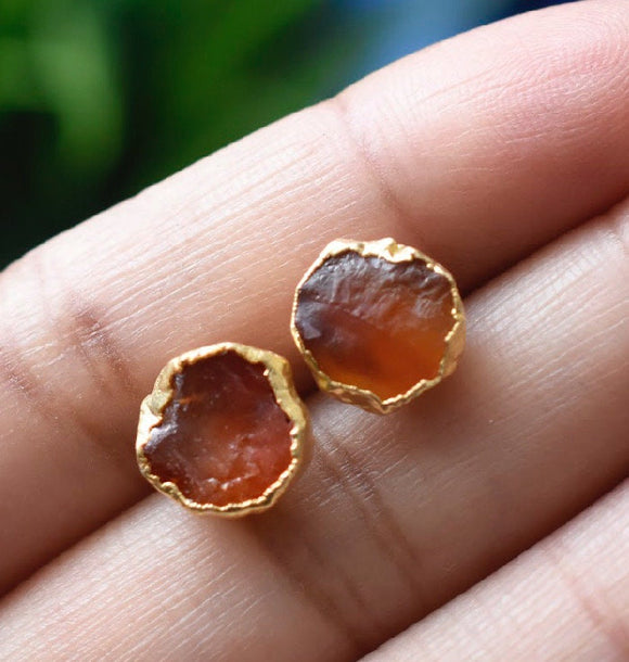 Raw Carnelian Stud Earrings, Healing Raw Crystal Studs, Rough Gemstone Electroplated Stud Earrings