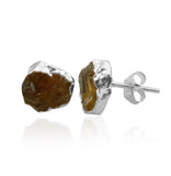 Raw Citrine Stud Earrings, Healing Raw Crystal Studs, Rough Citrine Gemstone Electroplated Stud Earrings