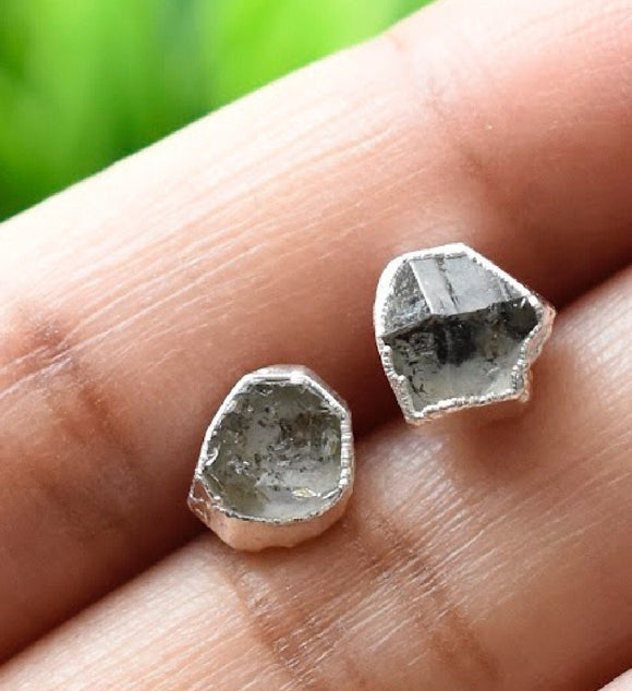 Raw Herkimer Diamond Stud Earrings, Healing Raw Crystal Studs, Rough Gemstone Electroplated Stud Earrings, April Birthstone