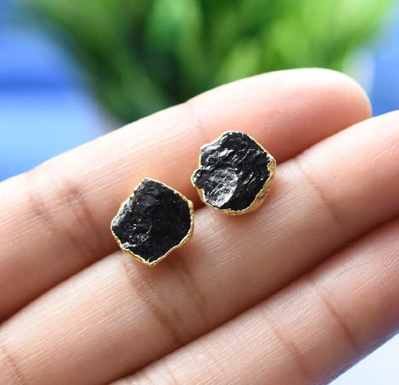 Raw Black Tourmaline Stud Earrings, Rough Gemstone Electroplated Stud Earrings, Healing Crystal Rough Gemstone Studs