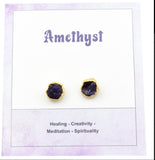 Raw Amethyst Stud Earrings, February Birthstone Healing Raw Crystal Studs, Rough Gemstone Electroplated Stud Earrings