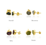 Raw Birthstone Electroplated Stud Earrings, Gold Plated over Silver Gemstone Stud Earrings, Healing Crystal Rough Gemstone Studs