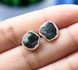 Raw Emerald Stud Earrings, May Birthstone Healing Crystal Rough Gemstone Studs, Rough Gemstone Electroplated Stud Earrings