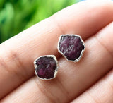 Raw Ruby Stud Earrings, July Birthstone Healing Crystal Rough Gemstone Studs, Rough Ruby Gemstone Electroplated Stud Earrings