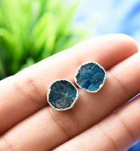 Raw Neon Apatite Stud Earrings, Healing Raw Crystal Studs, Rough Gemstone Electroplated Stud Earrings