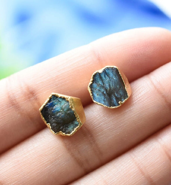 Raw Labradorite Stud Earrings, Healing Raw Crystal Studs, Rough Gemstone Electroplated Stud Earrings