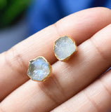 Raw Moonstone Stud Earrings, June Birthstone Healing Crystal Gemstone Studs, Rough Gemstone Electroplated Stud Earrings, Moonstone