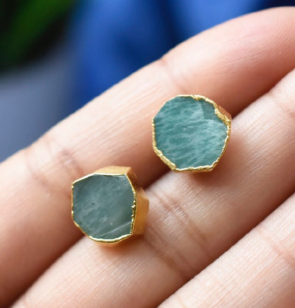 Raw Amazonite Stud Earrings, Healing Raw Crystal Studs, Rough Gemstone Electroplated Stud Earrings, Peruvian Amazonite