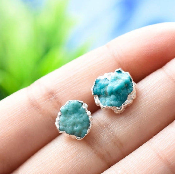 Raw Aquamarine Stud Earrings, March Birthstone Healing Crystal Gemstone Studs, Rough Gemstone Electroplated Stud Earrings, Aquamarine