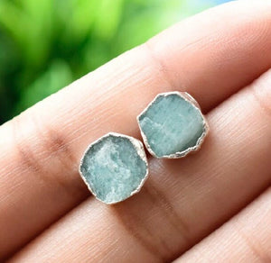 Raw Amazonite Stud Earrings, Healing Raw Crystal Studs, Rough Gemstone Electroplated Stud Earrings, Peruvian Amazonite