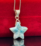 Rare Larimar Star Pendant Necklace , Natural Dominican Republic Hand Carved Larimar Necklace, Bohemian Silver Jewelry Gifts for Her