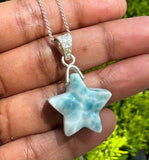 Rare Larimar Star Pendant Necklace , Natural Dominican Republic Hand Carved Larimar Necklace, Bohemian Silver Jewelry Gifts for Her