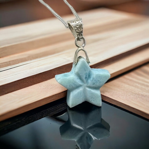 Reversible Larimar Star Pendant Necklace, Hand Carved Silver Larimar Necklace, Bohemian Jewelry, Natural Dominican Republic Larimar Pendant