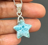 Larimar Star Necklace , Sterling Silver Hand Carved Larimar Pendant Necklace, Bohemian Jewelry, Natural Dominican Republic Larimar Pendant