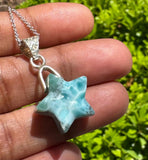 Larimar Star Necklace, Sterling Silver Hand Carved Natural Dominican Repulic Larimar Pendant Necklace, Bohemian Jewelry Gifts for Her