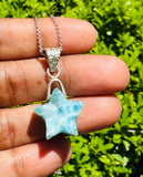 Larimar Star Necklace, Sterling Silver Hand Carved Natural Dominican Repulic Larimar Pendant Necklace, Bohemian Jewelry Gifts for Her