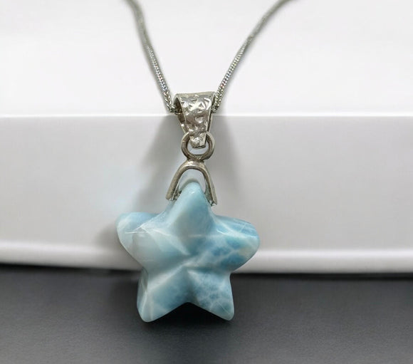 Larimar Star Necklace , Sterling Silver Hand Carved Larimar Pendant Necklace, Bohemian Jewelry, Natural Dominican Republic Larimar Pendant