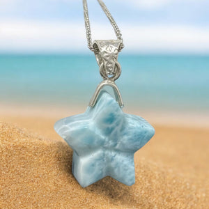 Larimar Star Necklace , Sterling Silver Hand Carved Larimar Pendant Necklace, Bohemian Jewelry, Natural Dominican Republic Larimar Pendant