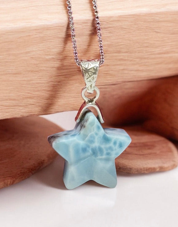 Larimar Star Necklace , Sterling Silver Hand Carved Larimar Pendant Necklace, Bohemian Jewelry, Natural Dominican Republic Larimar Pendant