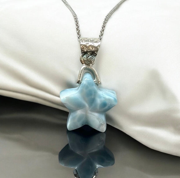 Larimar Star Necklace , Sterling Silver Hand Carved Larimar Pendant Necklace, Bohemian Jewelry, Natural Dominican Republic Larimar Pendant