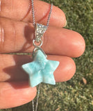 Larimar Star Necklace , Sterling Silver Hand Carved Larimar Pendant Necklace, Bohemian Jewelry, Natural Dominican Republic Larimar Pendant