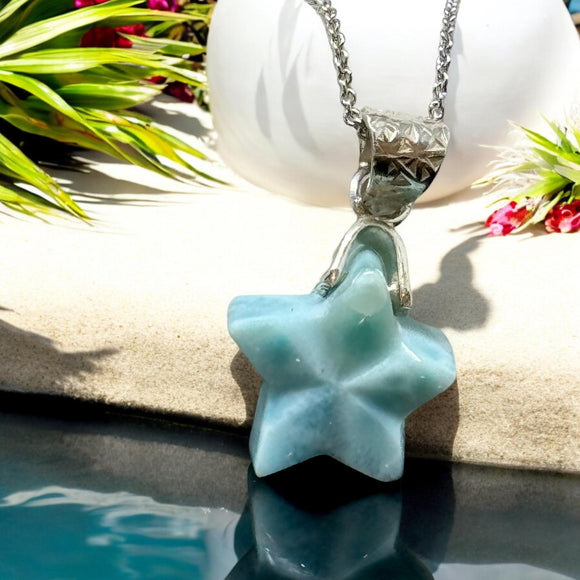 Larimar Star Necklace , Sterling Silver Hand Carved Larimar Necklace, Bohemian Jewelry, Natural Dominican Republic Larimar Necklace