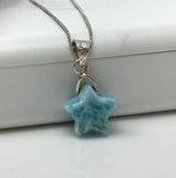 Larimar Gemstone Necklace, Silver Hand Carved Larimar Star Necklace, Bohemian Jewelry, Natural Dominican Republic Larimar Jewelry Gifts