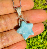 Larimar Gemstone Necklace, Silver Hand Carved Larimar Star Necklace, Bohemian Jewelry, Natural Dominican Republic Larimar Jewelry Gifts