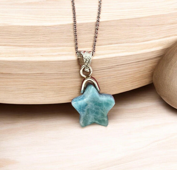 Larimar Gemstone Necklace, Silver Hand Carved Larimar Star Necklace, Bohemian Jewelry, Natural Dominican Republic Larimar Jewelry Gifts