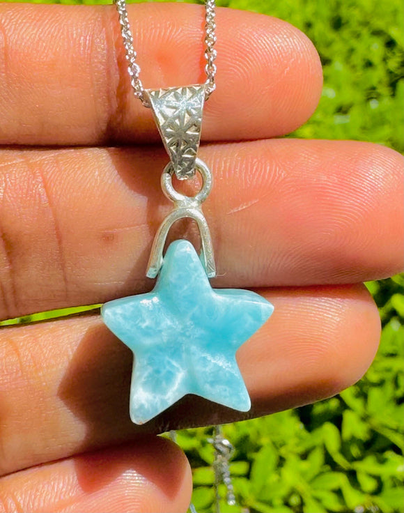 Larimar Gemstone Necklace, Hand Carved Larimar Star Silver Necklace, Bohemian Jewelry, Natural Dominican Republic Larimar Jewelry Gifts