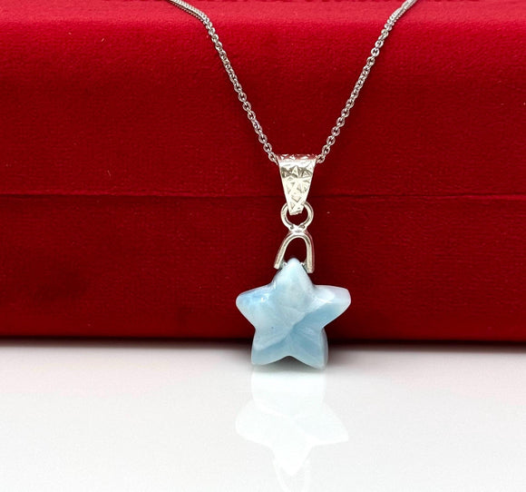 Hand carved Natural Larimar Star ShapeSterling Silver Necklace .