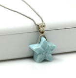 Larimar Gemstone Necklace, Hand Carved Larimar Star Necklace, Bohemian Jewelry, Dominican Republic Larimar Necklace, 1.25” x 0.75”