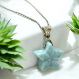 Larimar Gemstone Necklace, Hand Carved Larimar Star Necklace, Bohemian Jewelry, Dominican Republic Larimar Necklace, 1.25” x 0.75”