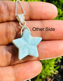 Larimar Gemstone Necklace, Hand Carved Larimar Star Necklace, Bohemian Jewelry, Dominican Republic Larimar Necklace, 1.25” x 0.75”