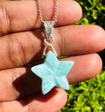 Larimar Gemstone Necklace, Hand Carved Larimar Star Necklace, Bohemian Jewelry, Dominican Republic Larimar Necklace, 1.30”x 0.75”