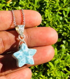 Larimar Gemstone Necklace, Hand Carved Larimar Star Silver Necklace, AAA Grade Natural Dominican Republic Larimar Jewelry, 1.25” x 0.65”