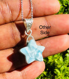 Larimar Gemstone Necklace, Hand Carved Larimar Star Silver Necklace, AAA Grade Natural Dominican Republic Larimar Jewelry, 1.25” x 0.65”