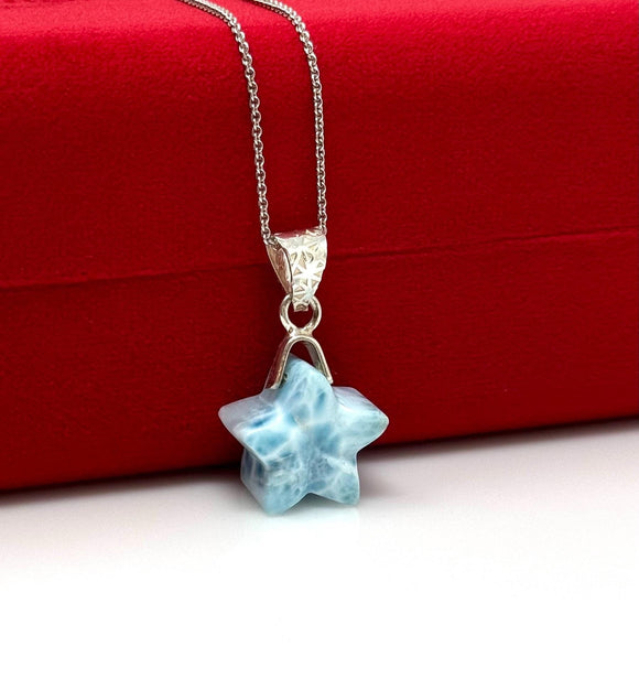 Hand carved Natural Dominican Republic Larimar Star Shape Silver Necklace AAA Grade