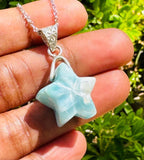 Larimar Gemstone Necklace, Larimar Star Silver Necklace, Bohemian Jewelry, Natural Dominican Republic Larimar Jewelry Gifts, 1.40”x0.75”