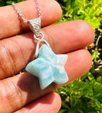 Larimar Gemstone Necklace, Larimar Star Silver Necklace, Bohemian Jewelry, Natural Dominican Republic Larimar Jewelry Gifts, 1.40”x0.75”