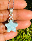 Larimar Gemstone Necklace, Reversible Larimar Star Silver Necklace, Bohemian Jewelry, Dominican Republic Larimar Jewelry Gifts, 1.30”x0.60”