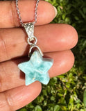 Larimar Gemstone Necklace, Reversible Larimar Star Silver Necklace, Bohemian Jewelry, Dominican Republic Larimar Jewelry Gifts, 1.30”x0.60”