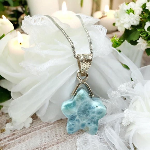 Larimar Star Necklace , Sterling Silver Hand Carved Larimar Gemstone Necklace, Bohemian Jewelry, Natural Dominican Republic Larimar Necklace